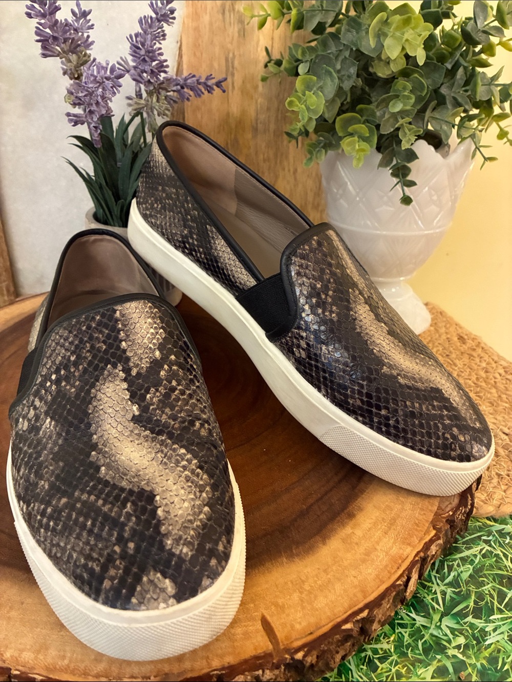 Vince Black and Cream Snake Pattern Slip-On Sneakers